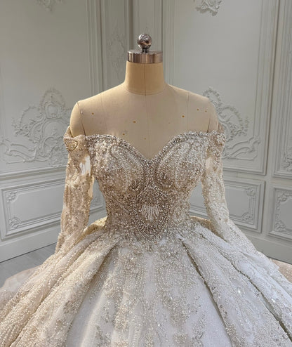 Custom-made luxury beading sparkling off the shoulder with V-neck long sleeve princess ballgown royal wedding dress