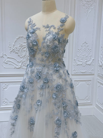 TBC-CM35 Custom-made blue 3D floral appliqué embroidered sparkling Aline wedding dress