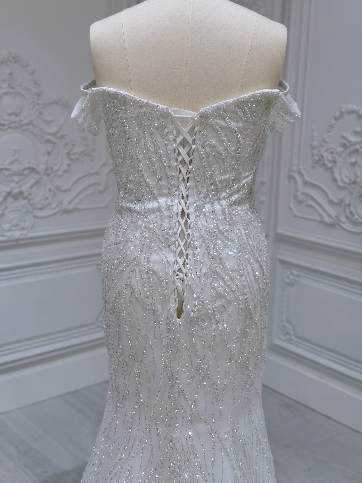 TBC-2IN1-006 Sale White beading lace off the shoulder 2 in 1 style mermaid with detachable skirt