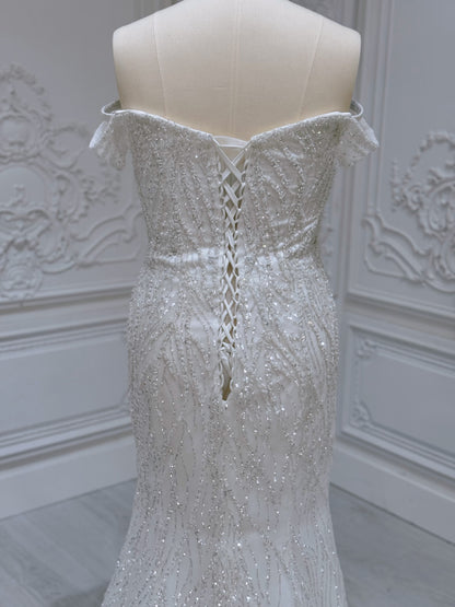 TBC-2IN1-006 Sale White beading lace off the shoulder 2 in 1 style mermaid with detachable skirt