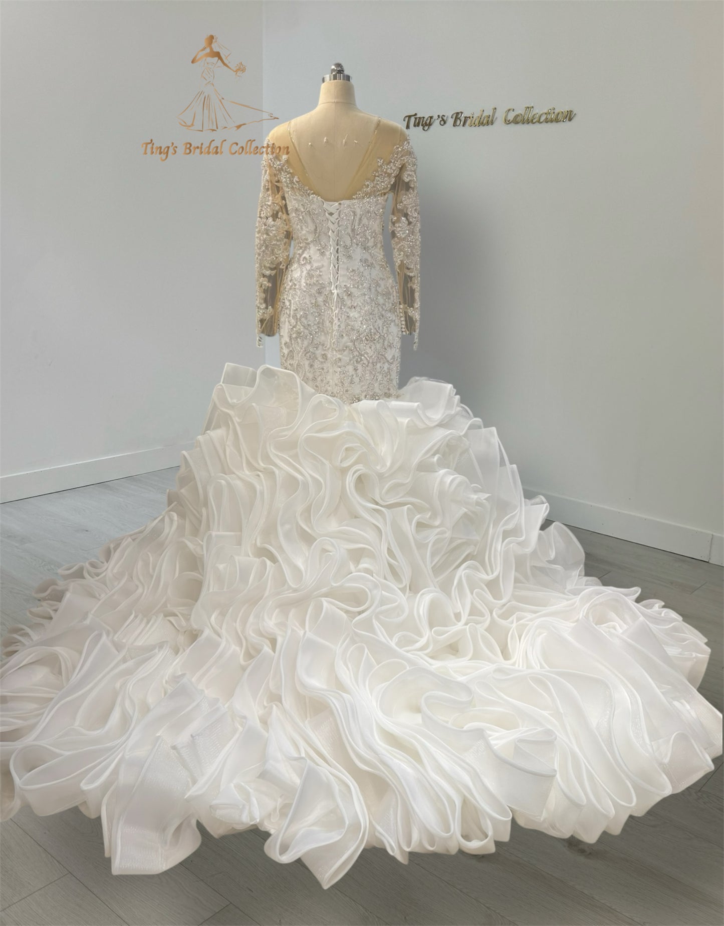 TBC-CM51 Custom-made luxury beading sparkling long sleeve mermaid royal wedding dress with ruffle skirt