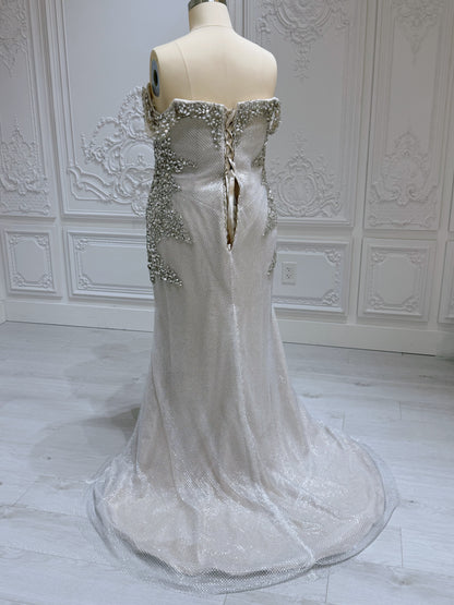 Stock Clearance! Plus size 22! Champagne color crystal beaded off the shoulder mermaid/trumpet wedding dress/formal event gown