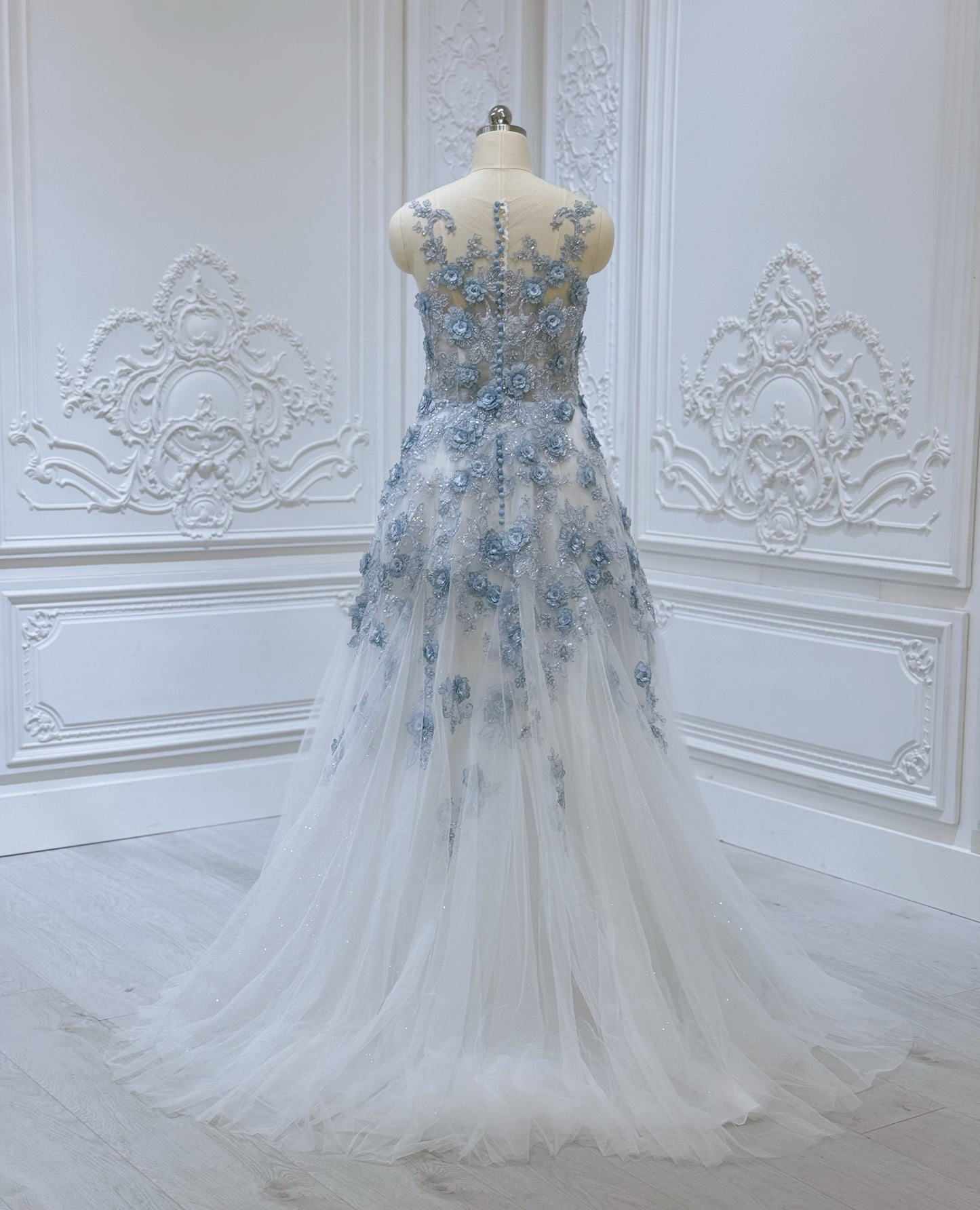 TBC-CM35 Custom-made blue 3D floral appliqué embroidered sparkling Aline wedding dress