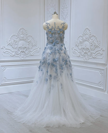 TBC-CM35 Custom-made blue 3D floral appliqué embroidered sparkling Aline wedding dress