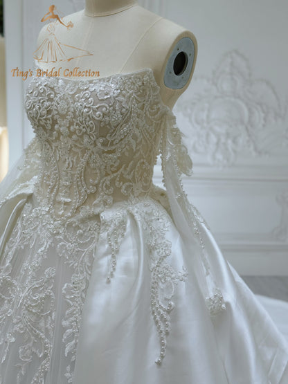 Stock of pearl beaded lace satin ballgown wedding dress