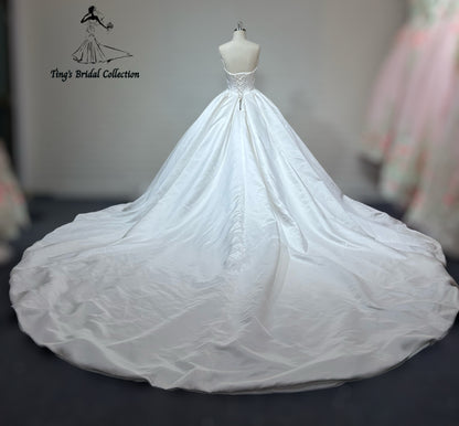 TBC-B027 Made to order satin ballgown wedding dress with ruffled neckline