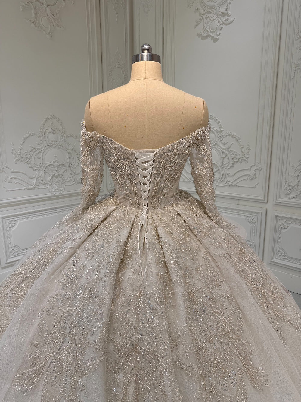 Custom-made luxury beading sparkling off the shoulder with V-neck long sleeve princess ballgown royal wedding dress