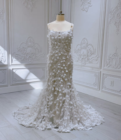 Stock Sale! Bridal size 16! Custom-made 3D floral embroidered 2 in 1 look trumpet wedding dress with detachable skirt - Ting's Bridal Collection