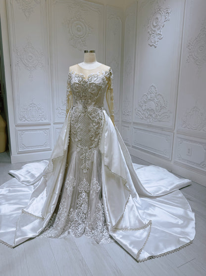 TBC-2IN1-024 Stock of luxury mermaid wedding dress with detachable satin skirt