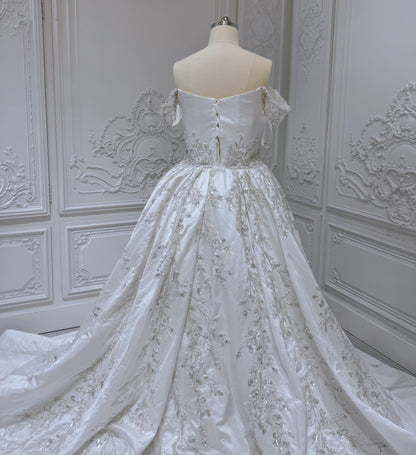 Custom-made off the shoulder pleated white satin with beading lace embroidered 2 in 1 style mermaid wedding dress with detachable skirt - Ting's Bridal Collection