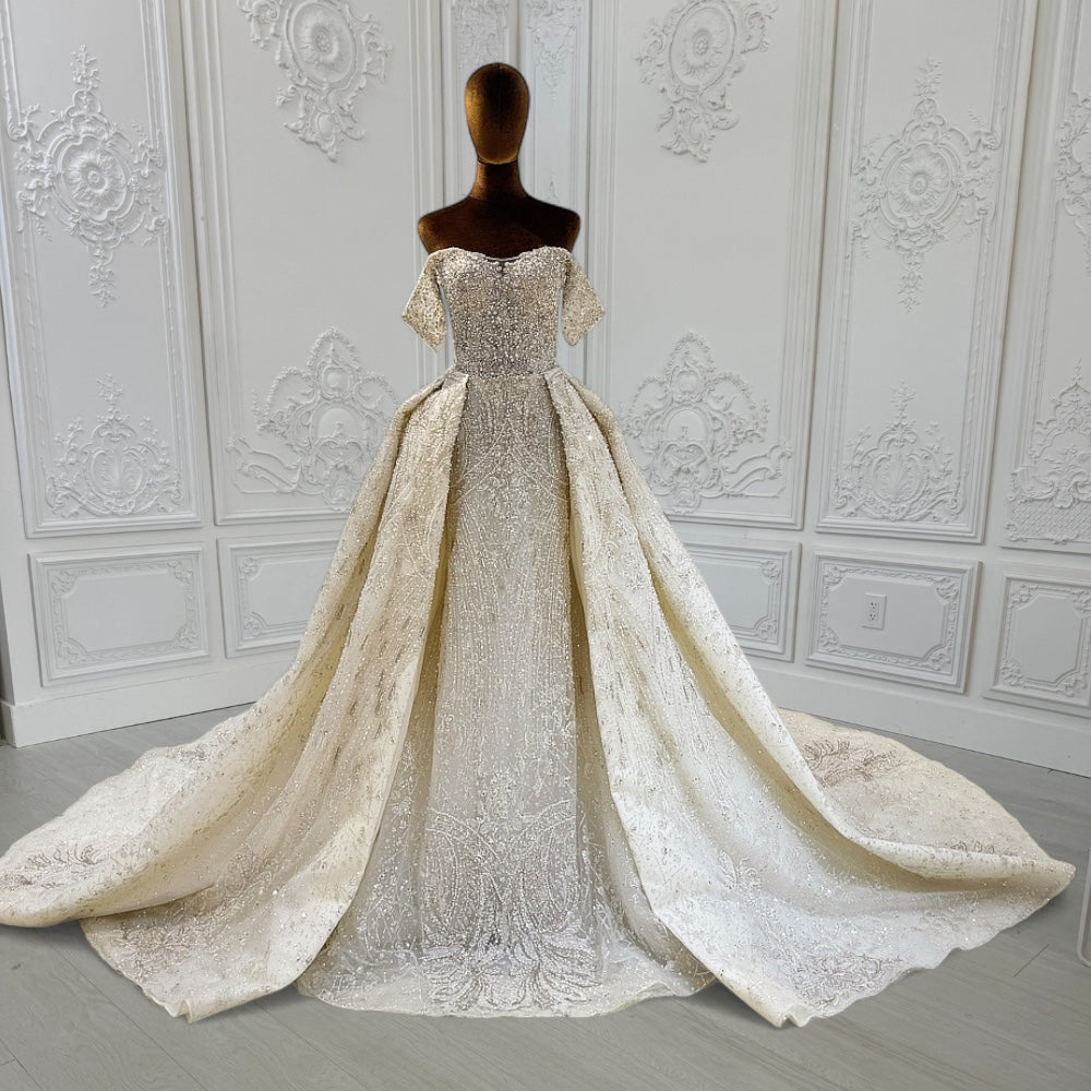 TBC-CM010  Custom-made luxury crystal beading off the shoulder 2 in 1 look trumpet and Aline wedding dress with detachable skirt