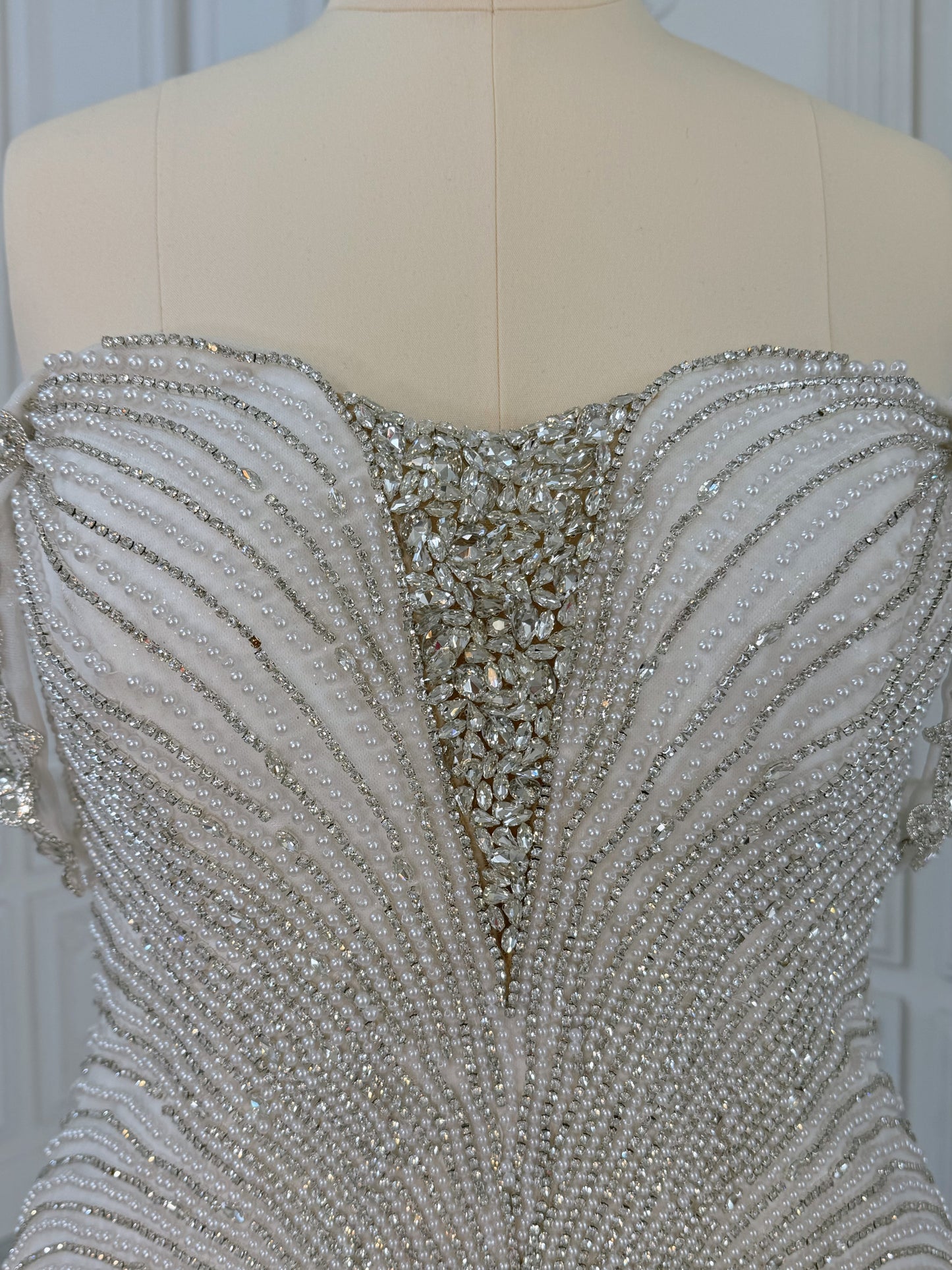 TBC-2IN1-003 Luxury crystal pearl beaded off the shoulder mermaid wedding dress with detachable ruffled skirt