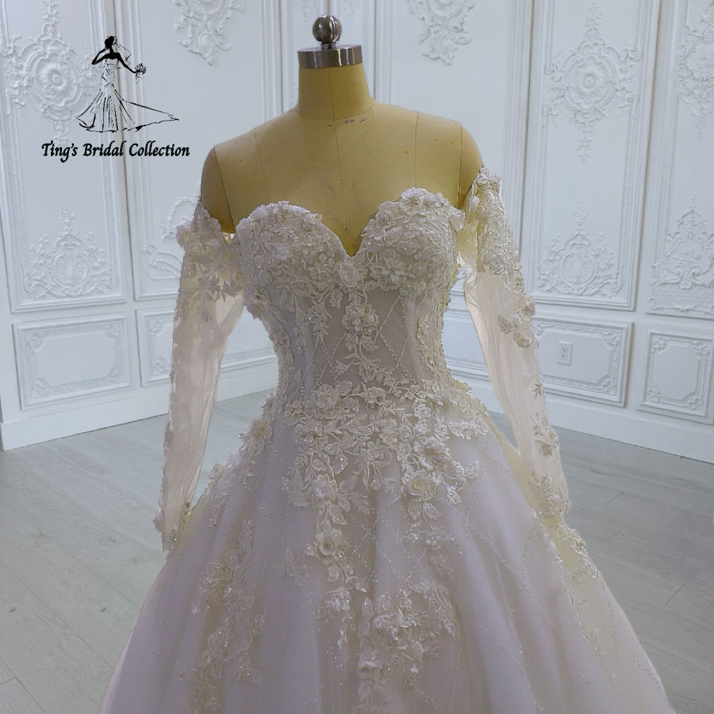 TBC-CM45 Made to order lace embroidered off the shoulder long sleeve Aline wedding dress
