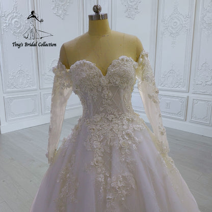TBC-CM45 Made to order lace embroidered off the shoulder long sleeve Aline wedding dress