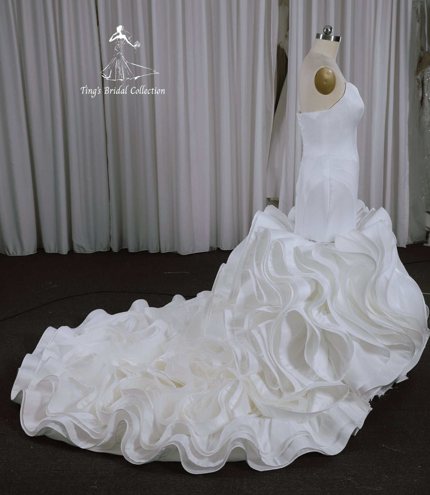 TBC-CM33 Custom-made strapless white satin mermaid wedding dress with ruffles skirt