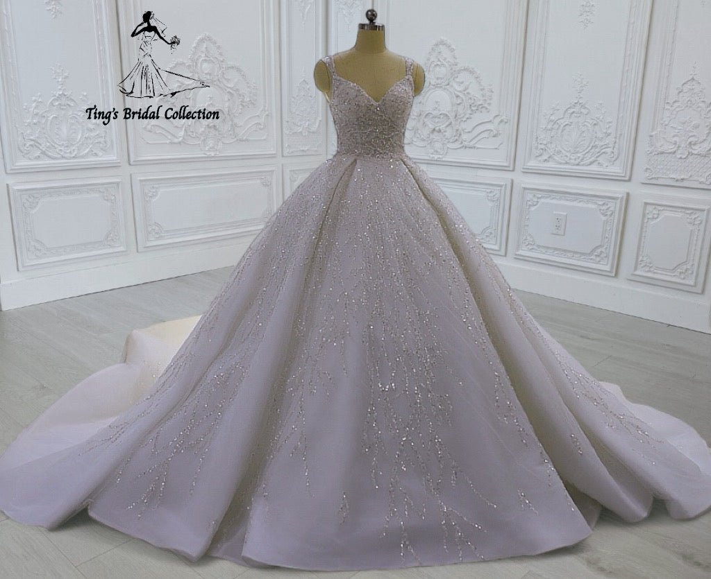 TBC-CM43 Custom-made beading lace embroidered strapped princess ballgown sparkling wedding dress