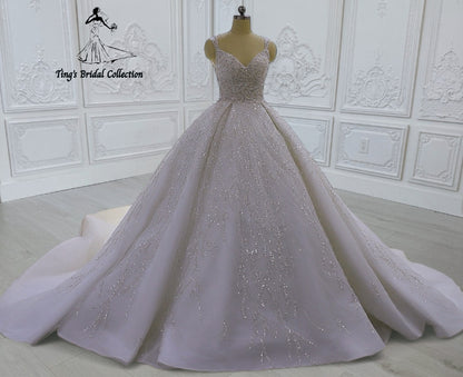 TBC-CM43 Custom-made beading lace embroidered strapped princess ballgown sparkling wedding dress