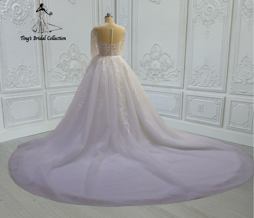 TBC-CM41 Custom-made long sleeve lace embroidered 2 in 1 look mermaid wedding dress with detachable skirt