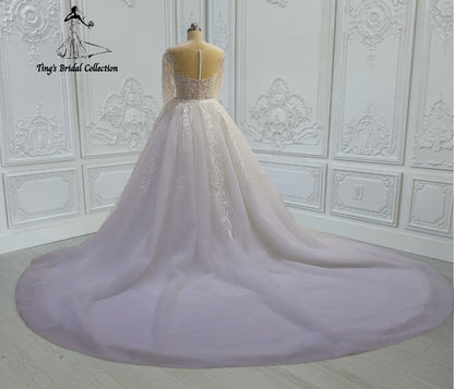 TBC-CM41 Custom-made long sleeve lace embroidered 2 in 1 look mermaid wedding dress with detachable skirt