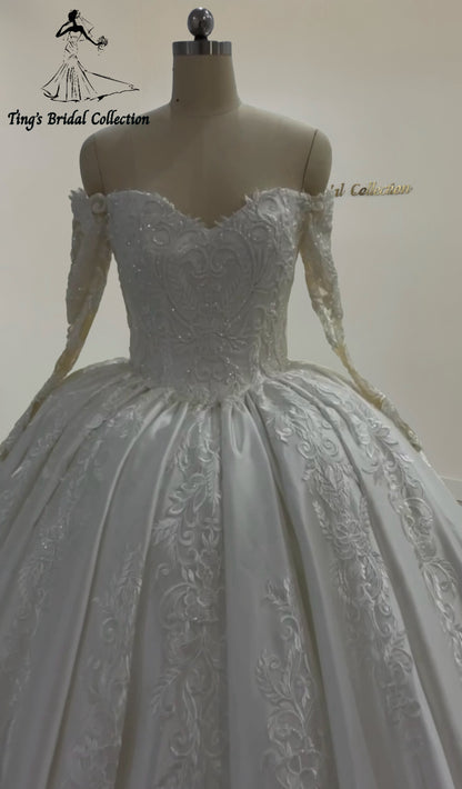 TBC-CM31 Made to order white beading lace off the shoulder long sleeve white satin princess ballgown royal wedding dress with detachable train