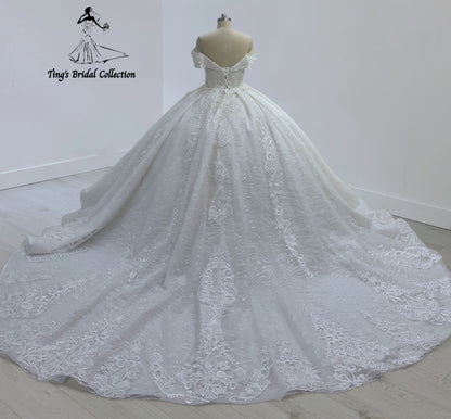 TBC-CM32 Custom-made 3D lace embroidered off the shoulder princess ballgown royal wedding dress