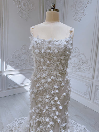 Stock Sale! Bridal size 16! Custom-made 3D floral embroidered 2 in 1 look trumpet wedding dress with detachable skirt - Ting's Bridal Collection