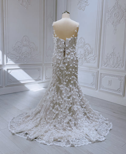 Stock Sale! Bridal size 16! Custom-made 3D floral embroidered 2 in 1 look trumpet wedding dress with detachable skirt - Ting's Bridal Collection