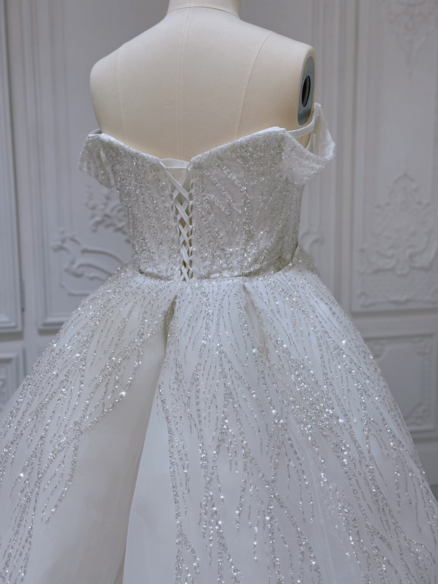 TBC-2IN1-006 Sale White beading lace off the shoulder 2 in 1 style mermaid with detachable skirt