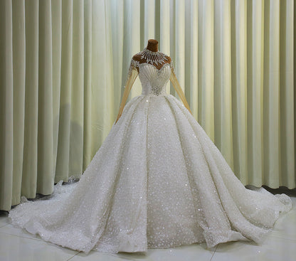 TBC-CM007  Custom-made luxury crystal beading sparkling high neck with long sleeve princess ballgown wedding dress - Ting's Bridal Collection