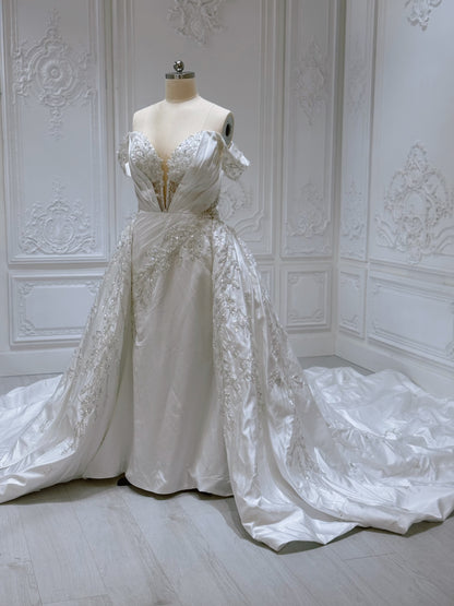 Custom-made off the shoulder pleated white satin with beading lace embroidered 2 in 1 style mermaid wedding dress with detachable skirt - Ting's Bridal Collection