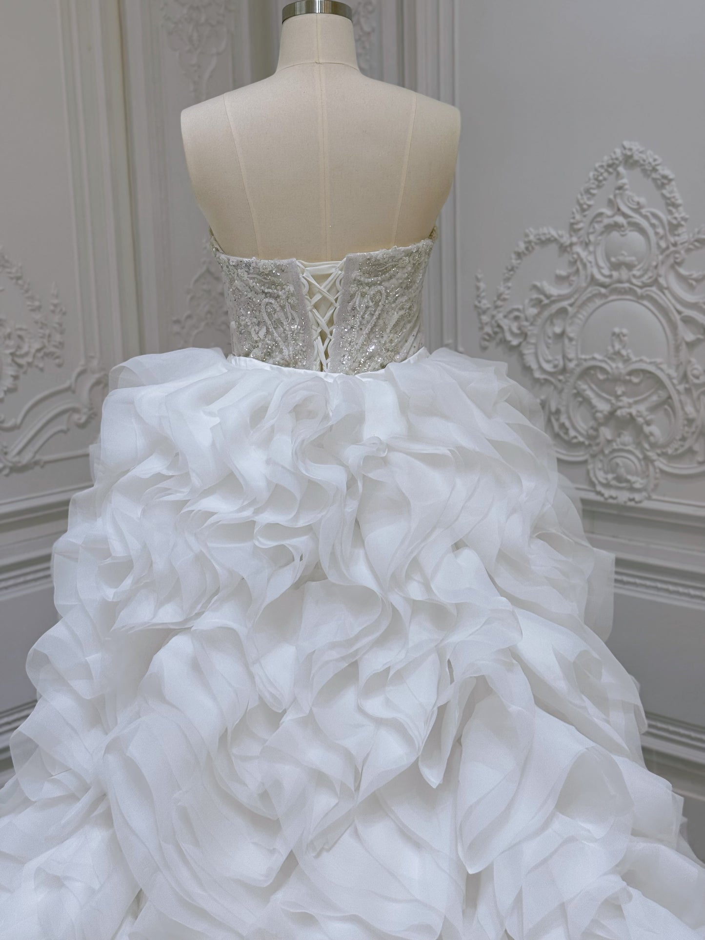 Stock Clearance! Bridal size 12! Custom-made off white beading strapless 2 in 1 look trumpet wedding dress with detachable ruffled skirt