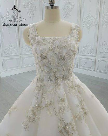 Custom-made white sparkling gown with champagne 3D floral embroidered square neck Aline wedding dress - Ting's Bridal Collection