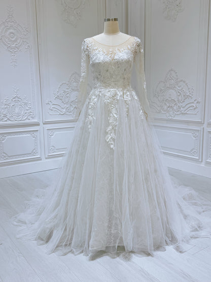 TBC-CM53 Custom-made off white lace embroidered sparkling long sleeve Aline wedding dress