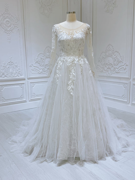 TBC-CM53 Custom-made off white lace embroidered sparkling long sleeve Aline wedding dress