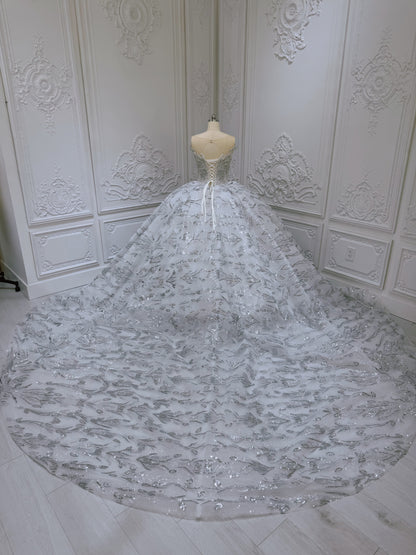 Stock Clearance! Bridal Size 10! Grey crystal beaded cap sleeve sparkling white&silver princess ballgown royal wedding dress