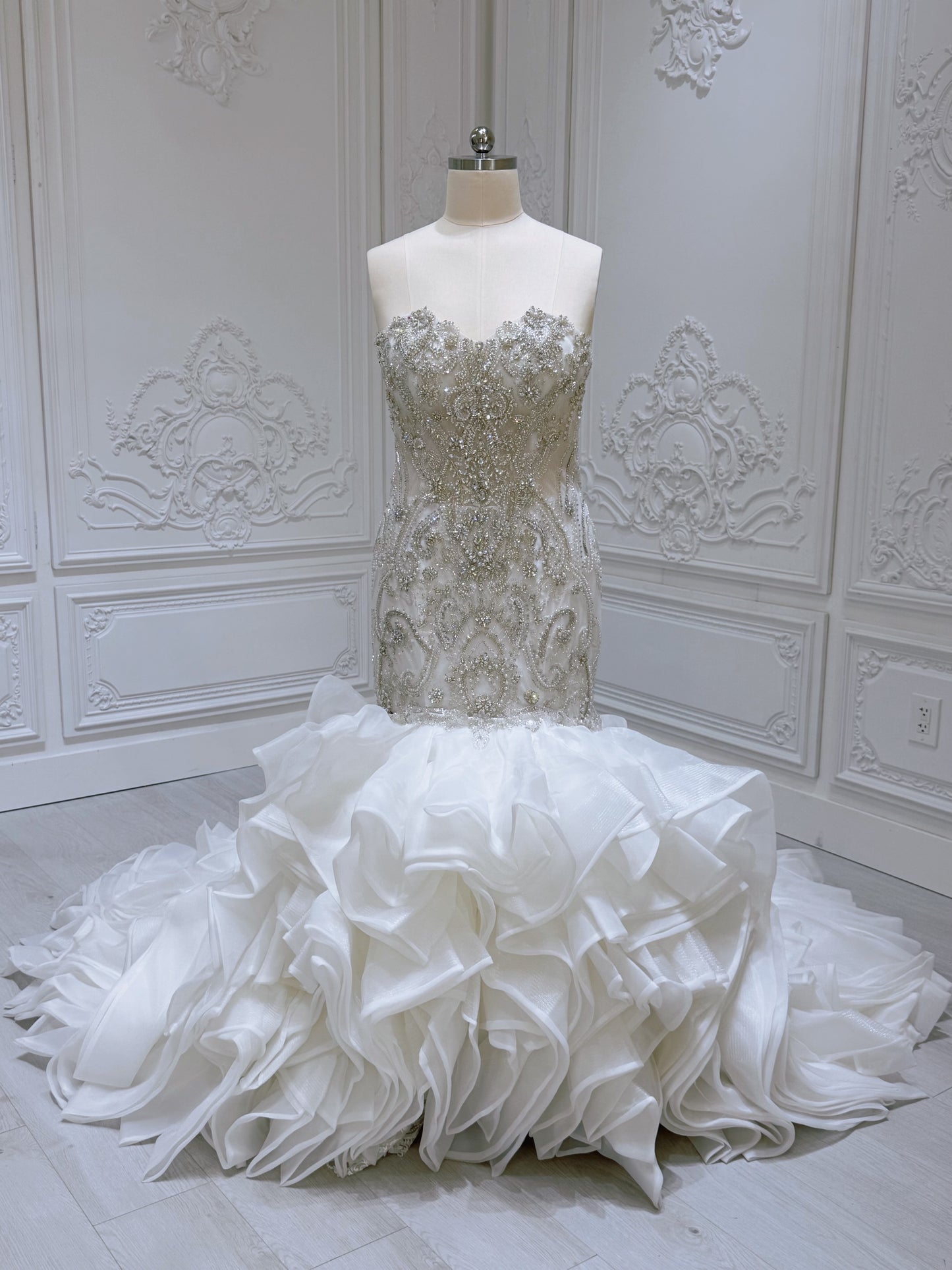 TBC-2IN1-001 Luxury beading sparkling mermaid royal wedding dress with detachable ruffled skirt