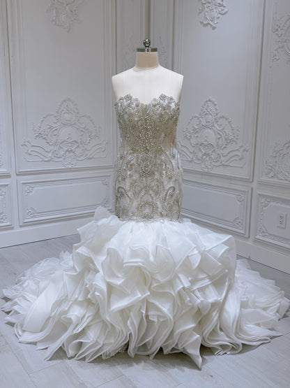 TBC-2IN1-001 Luxury beading sparkling mermaid royal wedding dress with detachable ruffled skirt