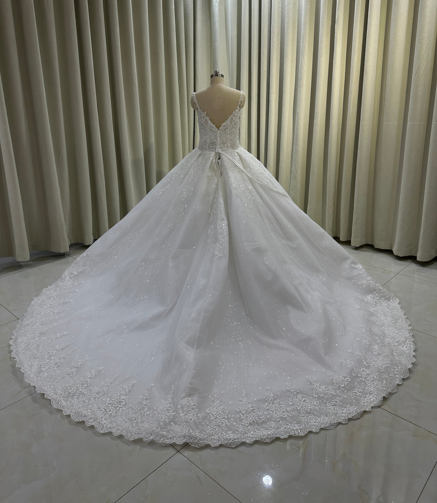 TBC-CM008  Custom-made Deep V lace embroidered sparkling royal ballgown wedding dress - Ting's Bridal Collection
