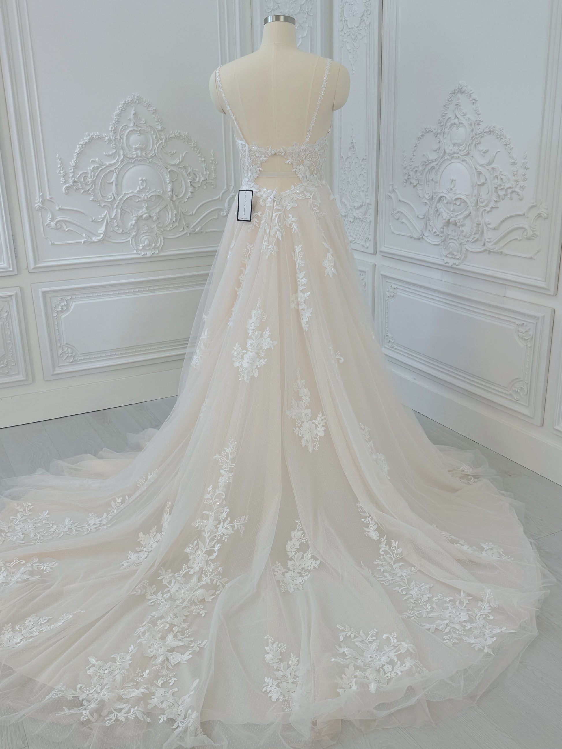 Stock Clearance! Blush color Spaghetti strap Deep V beach/outdoor wedding dress - Ting's Bridal Collection