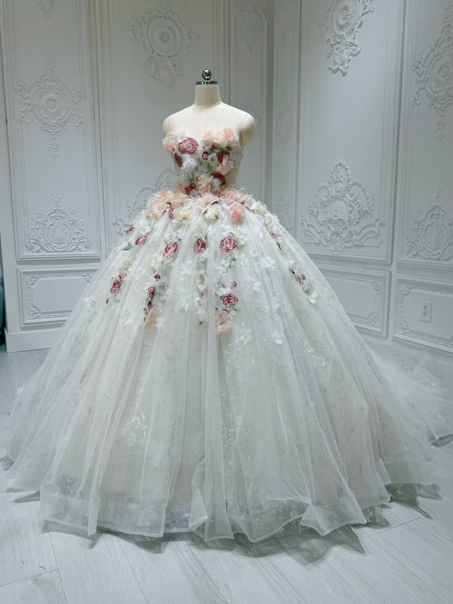 Stock clearance! Sparkling colorful 3D floral with lace embroidered strapless fairy ballgown wedding dress/Quinceanera dress/ Sweet 16 dress - Ting's Bridal Collection