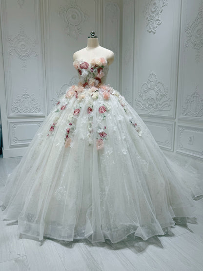 Stock clearance! Sparkling colorful 3D floral with lace embroidered strapless fairy ballgown wedding dress/Quinceanera dress/ Sweet 16 dress - Ting's Bridal Collection