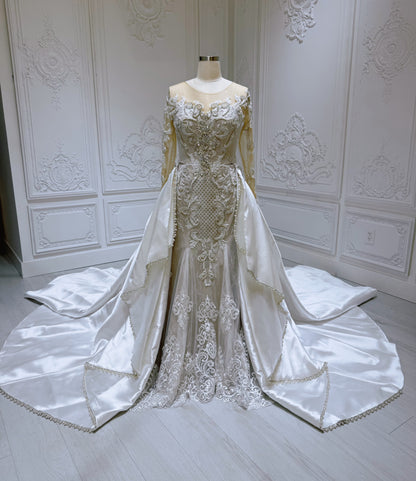 TBC-2IN1-024 Stock of luxury mermaid wedding dress with detachable satin skirt