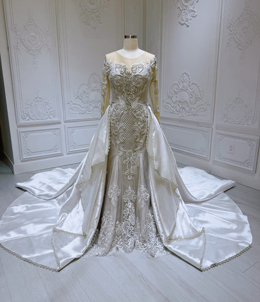 TBC-2IN1-024 Stock of luxury mermaid wedding dress with detachable satin skirt