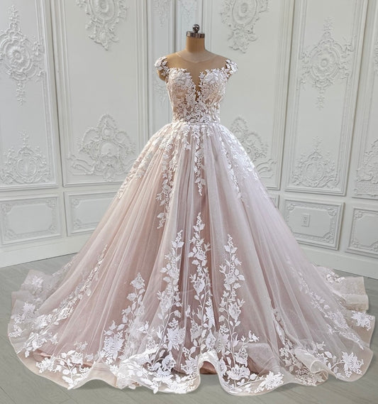 TBC-CM15 Custom-made blush color cap sleeve floral embroidered Aline/ballgown fairy wedding dress