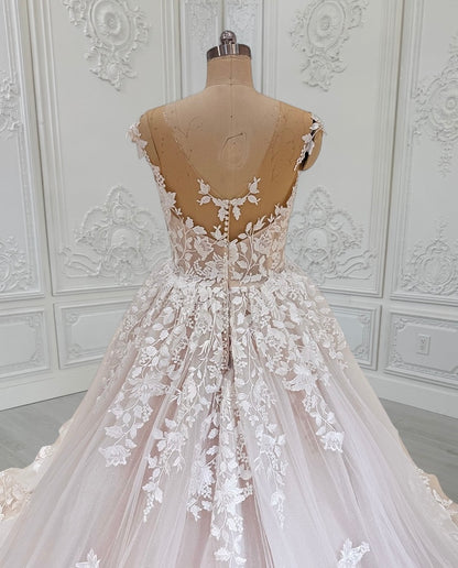 TBC-CM15 Custom-made blush color cap sleeve floral embroidered Aline/ballgown fairy wedding dress
