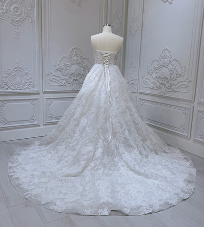 Stock Sale! Custom-made luxury 3D beading floral lace with straight neckline Aline wedding dress - Ting's Bridal Collection