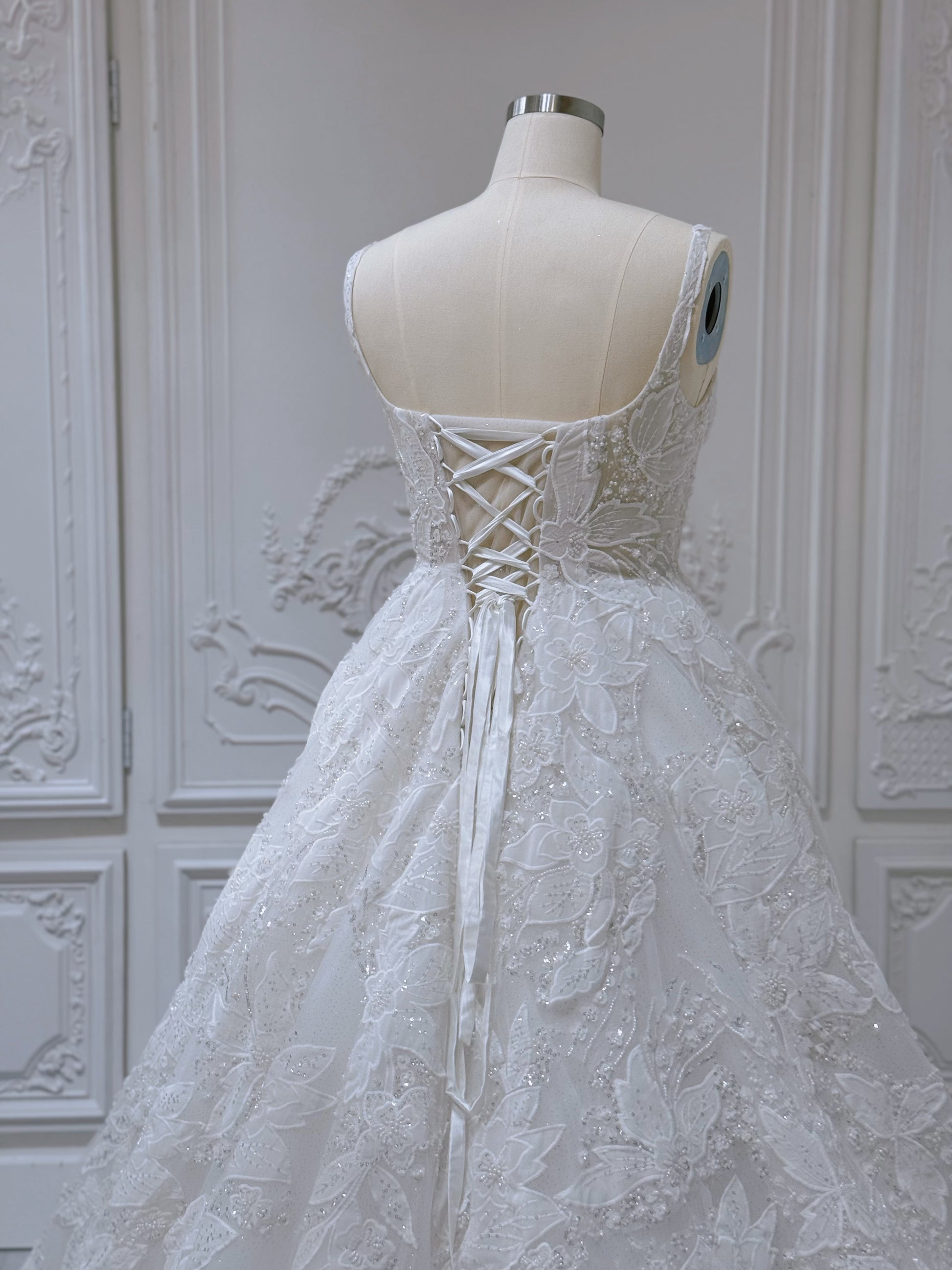 Stock Sale! Custom-made luxury 3D beading floral lace with straight neckline Aline wedding dress - Ting's Bridal Collection