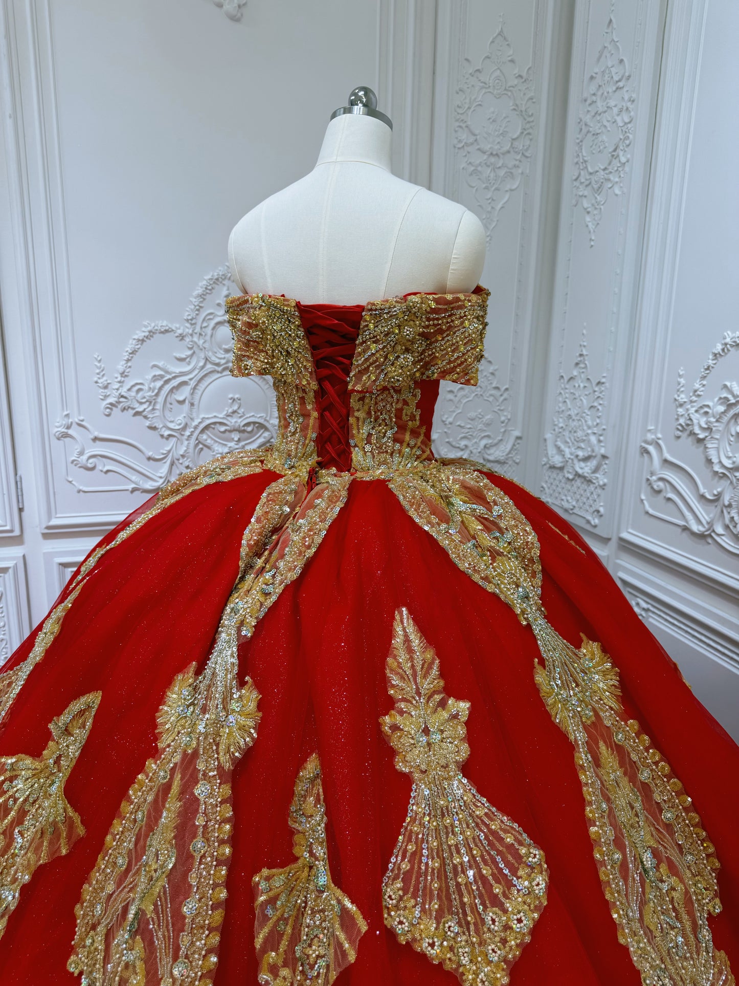 TBC-2IN1-037 Custom-made luxury beading red and gold princess ballgown royal wedding dress with detachable skirt