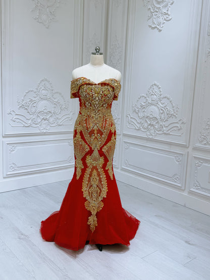 TBC-2IN1-037 Custom-made luxury beading red and gold princess ballgown royal wedding dress with detachable skirt