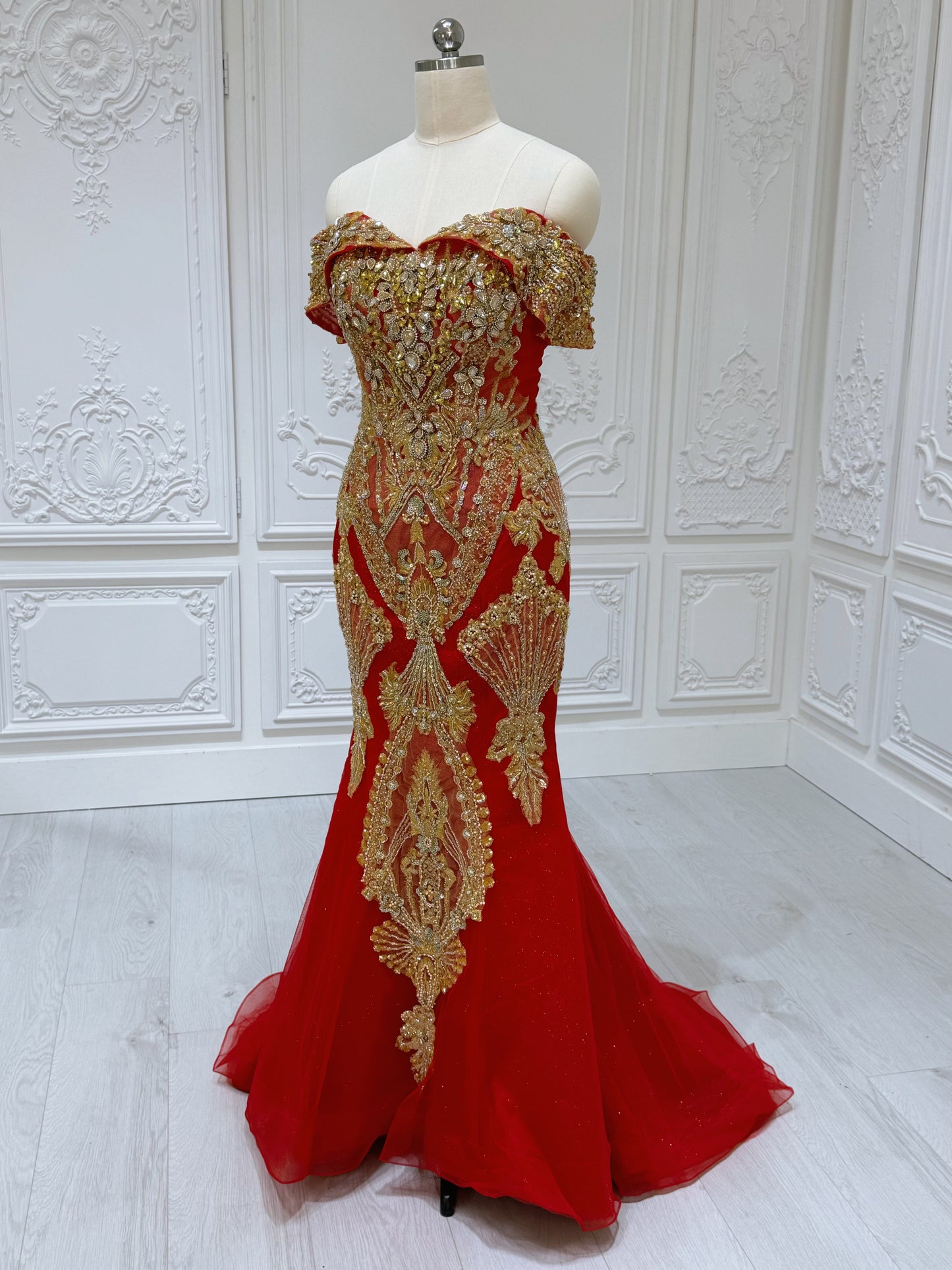 TBC-2IN1-037 Custom-made luxury beading red and gold princess ballgown royal wedding dress with detachable skirt